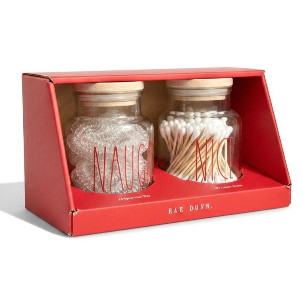 Rae DUNN Set of 2 Glass Bathroom Jars w/25 Spiral Hair Ties & 120 Cotton Swabs